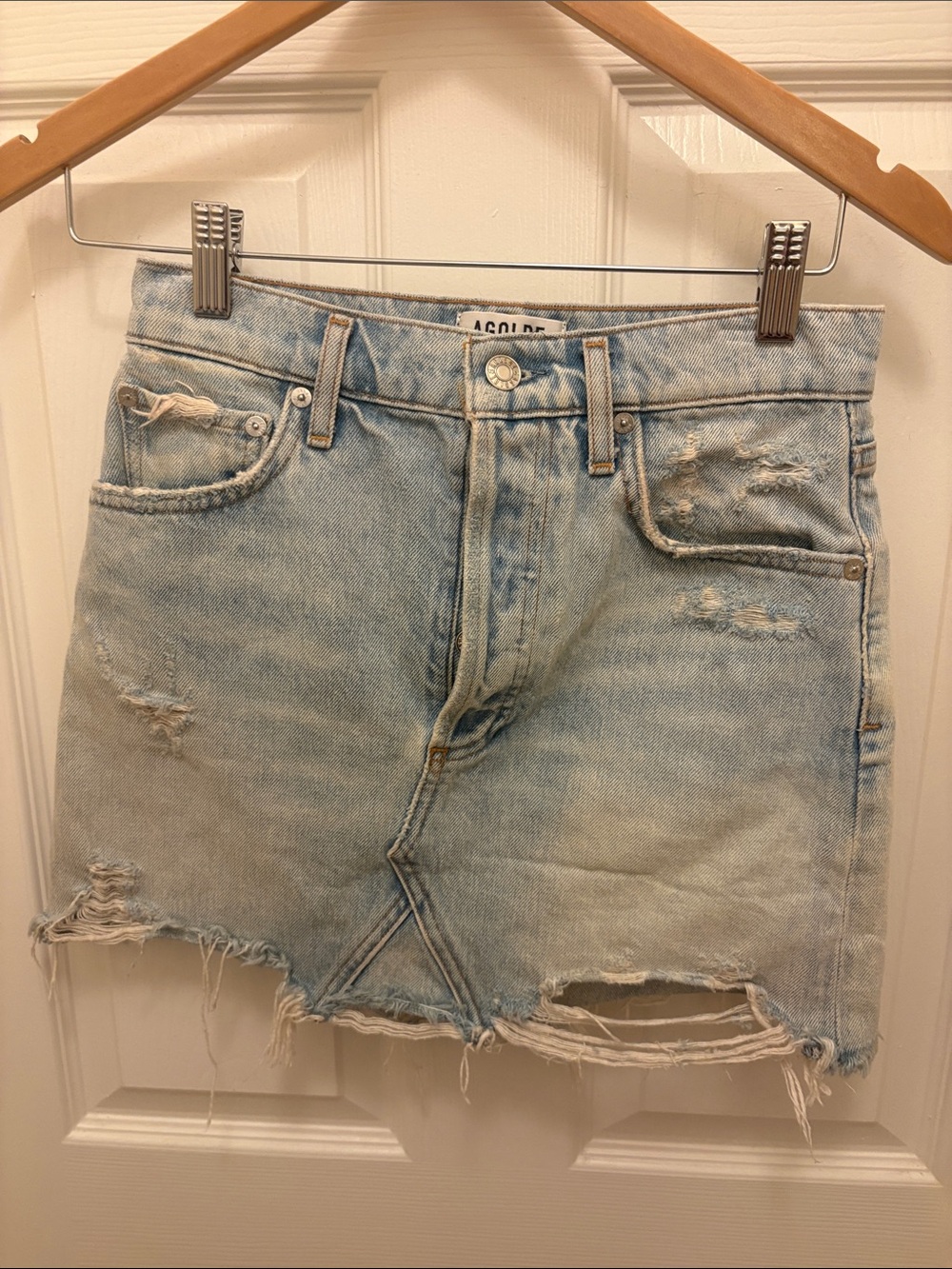 Agolde size 24 Light Blue Distressed Denim Mini Skirt